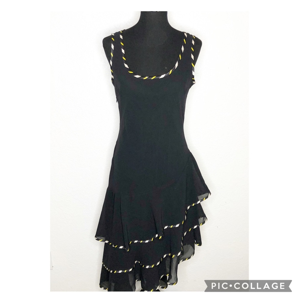 Citrine black tiered ruffle asymmetrical hem sleeveless midi dress size US 10